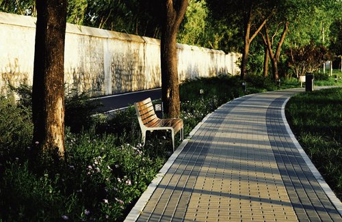 Curved paved path with trees, a bench, and a wall.