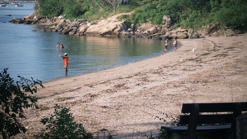 Person in orange wades in water near a sandy beach.